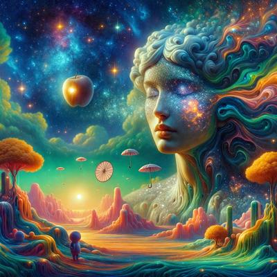 The primary subject of the image is a woman with a flowing mane, who appears to be a goddess. She is surrounded by a vibrant and colorful environment, which includes a field of flowers, a tree, and a sky filled with stars. The setting is a lush, natural landscape, and the visual style is a combination of digital art and illustration. The colors and mood of the image are bright, lively, and serene, creating a sense of wonder and beauty.